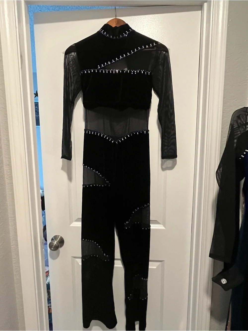 Custom Jazz Costume - Black Velvet Jumpsuit Trimmed in Purple Swarvoski Crystals
